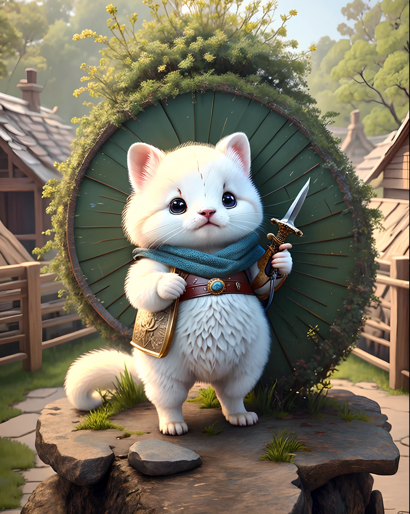 Top image quality、"Create masterpieces of cute creatures. （ermine）, high detailing, in 8K、Top image quality、Dressed as an adventurer、Holding a sword and shield in his hand、