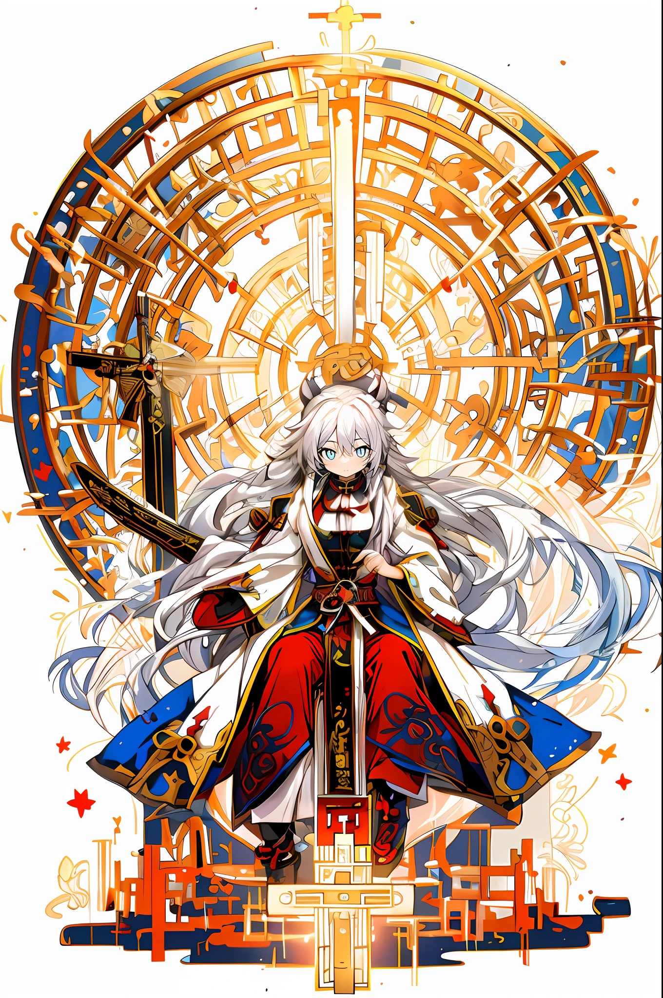 long whitr hair，shoun，mtu，white color hair，White coat，cyan pupils，taichi，Taoist robes、Daoism，Taoist charms，golden rays，Tens of thousands of wooden swords，Sit cross-legged，anime big breast，Exquisite，Normal human facial features，Exquisite，Works of masters，RPG style，Game character