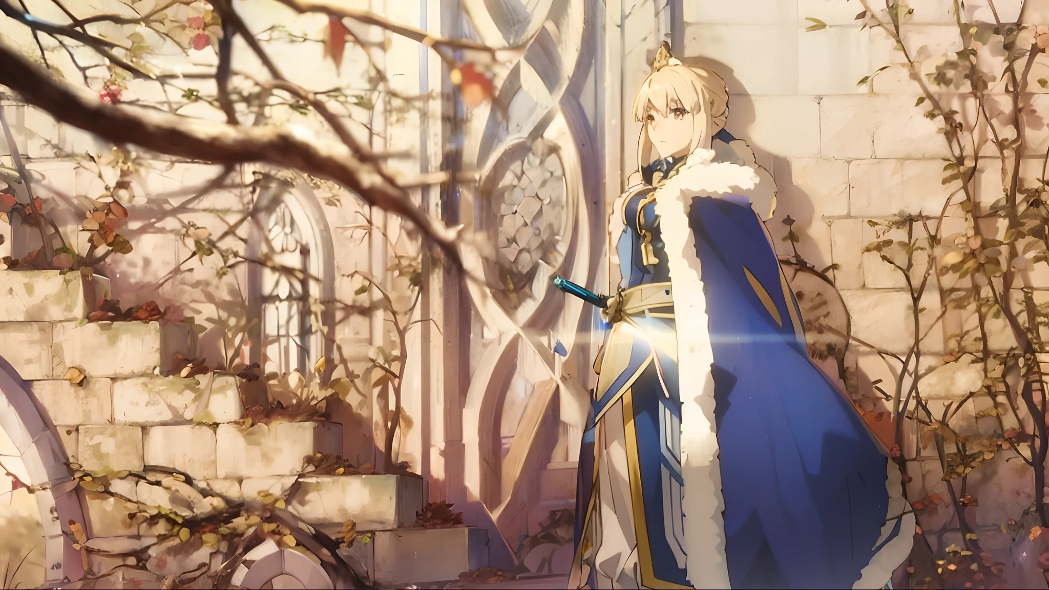 personnage d&#39;anime en robe bleue debout devant un bâtiment en pierre, Destin grand order, Destin / passer la nuit, Pendragon d&#39;Artoria, anime style like Destin/passer la nuit, Destin passer la nuit, Destin/zéro, alicisation, Destin zéro, Style du Shadowverse, art d&#39;anime clé détaillé, art officiel, visuel clé, violette Evergarden, art clé de l&#39;anime en haute ultra résolution