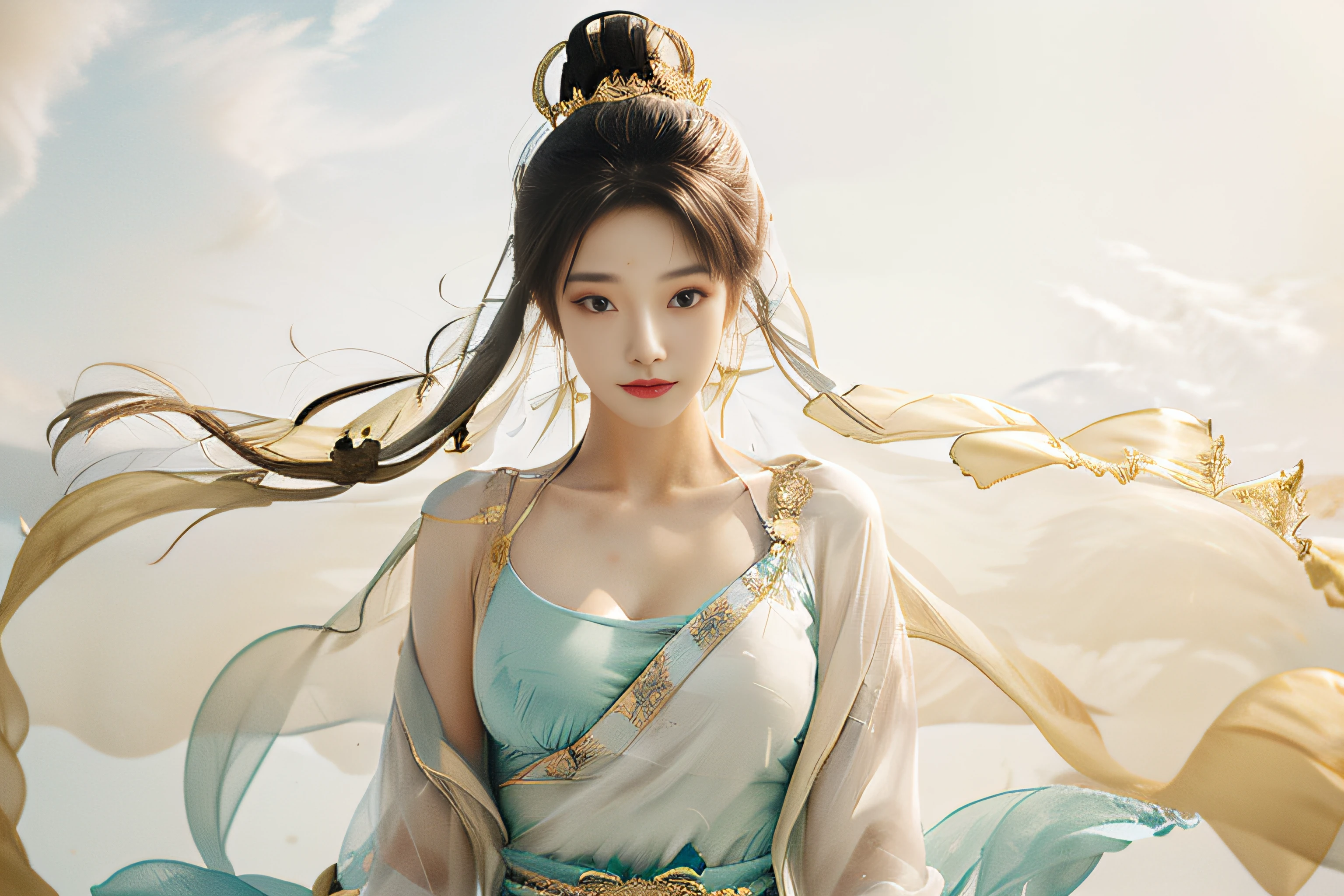 masterpiece,ultra realistic,32k,extremely detailed CG unity 8k wallpaper, best quality, 1 girl, (White robe), In a captivating scene, Exquisite and beautiful features, Big eyes look at you, Dance, Dunhuang costumes, Dunhuang style, Arms, Dance with the ribbon, Multicolored ribbons，golden jewelery, Ancient Chinese hairstyle, gossamer, Streamers, Flying in the air，Light makeup, eye shadows, Brow line, (face), dynamics, Petals flying, Details, jewelry, Earrings, bangle, bshoulders, Complex textures, chest, Guqin, conduit, Natural expression, Charming smile, A beautiful woman in a flowing white Chinese robe is flying in the air, Soar through the clouds. The wind gently lifts her robe, Emphasize the feeling of flying，As they fly gracefully over the ethereal cloud scene