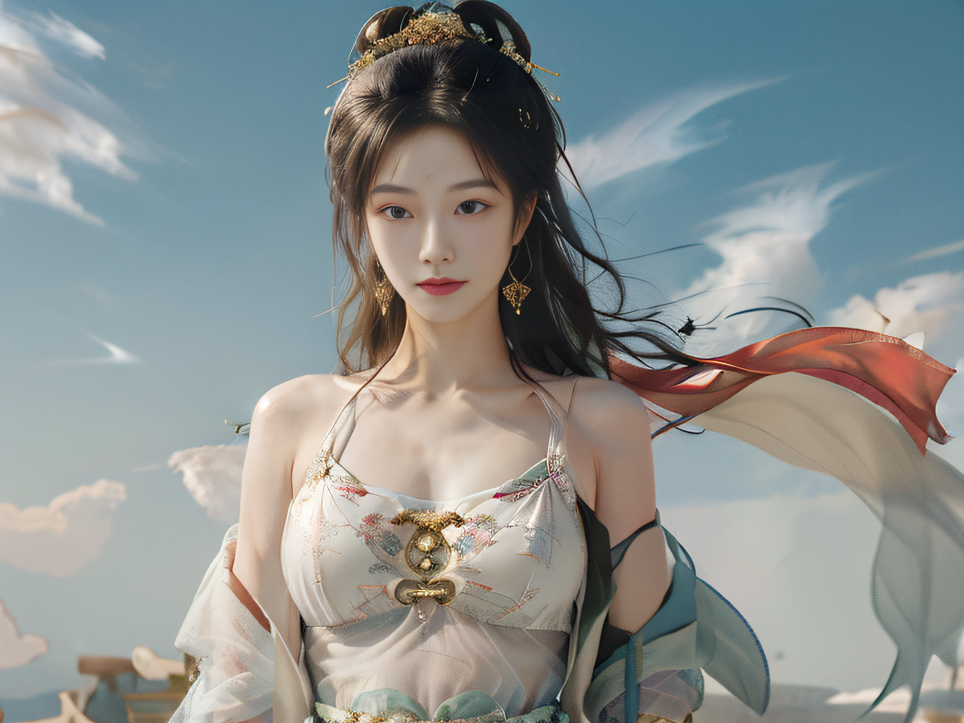 masterpiece,ultra realistic,32k,extremely detailed CG unity 8k wallpaper, best quality, 1 girl, (White robe), In a captivating scene, Exquisite and beautiful features, Big eyes look at you, Dance, Dunhuang costumes, Dunhuang style, Arms, Dance with the ribbon, Multicolored ribbons，golden jewelery, Ancient Chinese hairstyle, gossamer, Streamers, Flying in the air，Light makeup, eye shadows, Brow line, (face), dynamics, Petals flying, Details, jewelry, Earrings, bangle, bshoulders, Complex textures, chest, Guqin, conduit, Natural expression, Charming smile, A beautiful woman in a flowing white Chinese robe is flying in the air, Soar through the clouds. The wind gently lifts her robe, Emphasize the feeling of flying，As they fly gracefully over the ethereal cloud scene