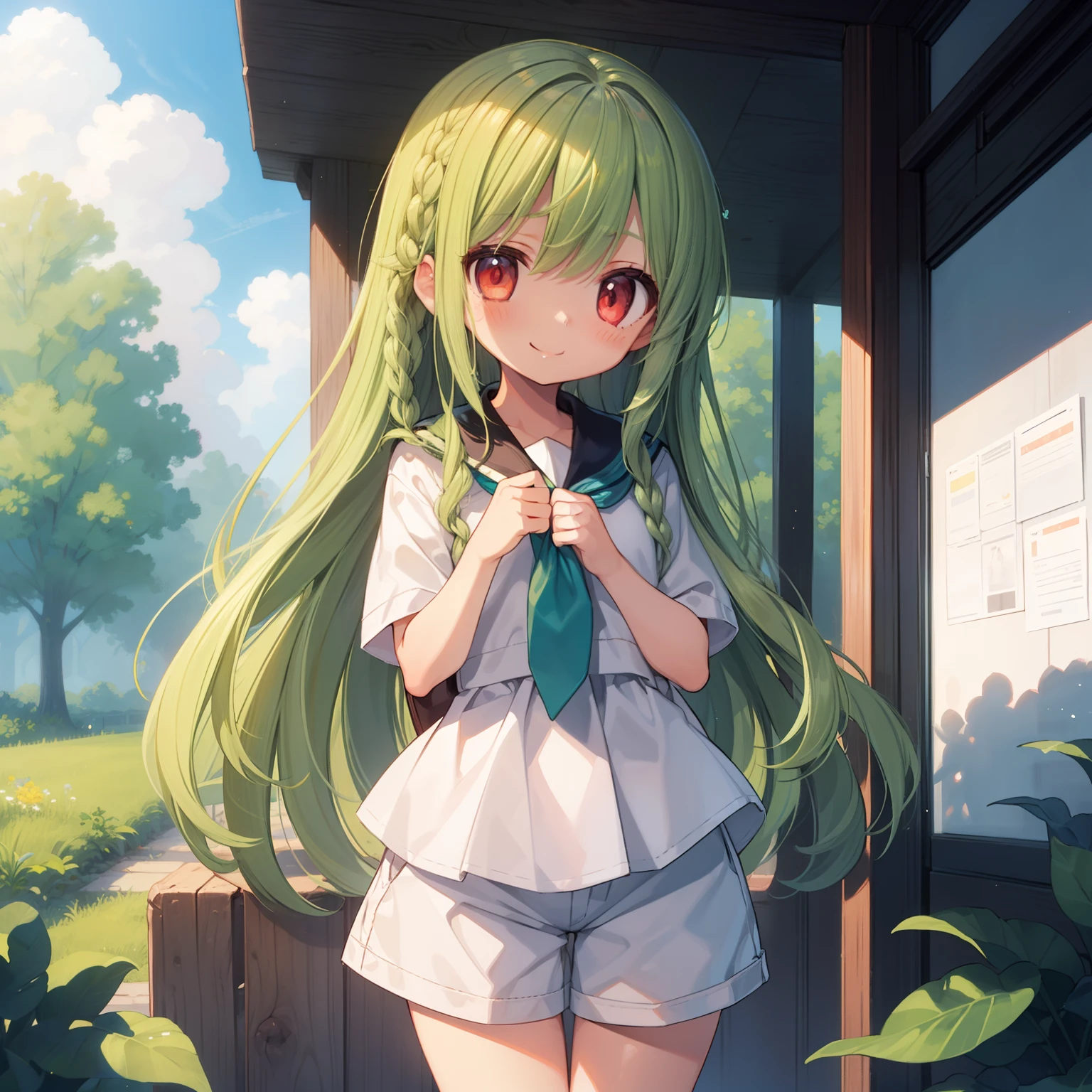 Beautiful illustration, Best Quality, 12-year-old girl、(cute petit girl),Lori、((Pure white sailor tunic with wide hem layered on green chino shorts))、(The gap between the hem of the chino shorts and the thighs)、Thighs visible through the wide hem of shorts、Thigh gap、 Beautiful red eyes, Cinematic lighting,Euphoric smile、(Long green hair)、Braiding of the occipital part、occipital１Two large black ribbons