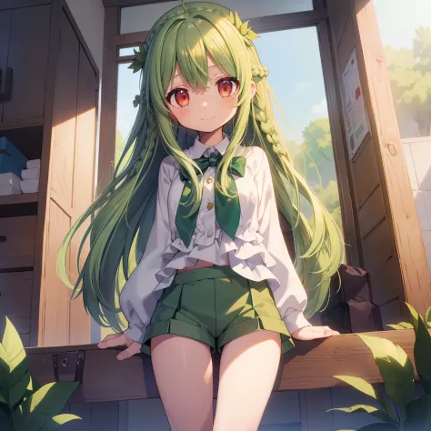 Beautiful illustration, Best Quality, 12-year-old girl、(cute petit girl),Lori、((Green chino shorts layered with pure white tunic...