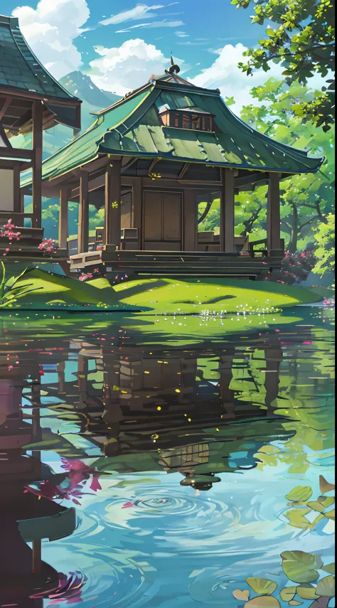 A secluded pavilion is set against the pond，The lush greenery is reflected on the crystal clear water。Ultra high quality，Highest image quality。