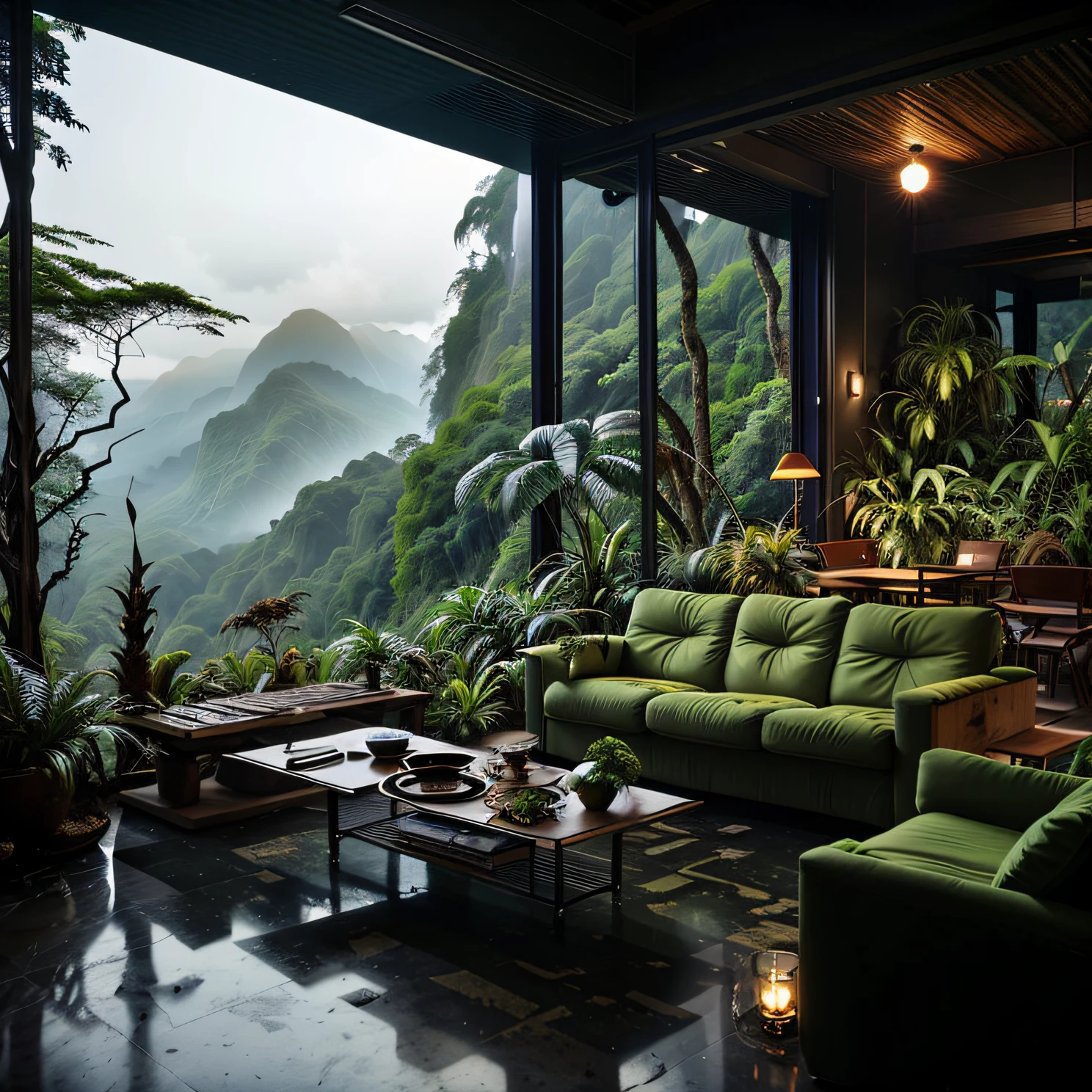 Living room with a view of a mountain and a forest, mountainous jungle setting, jungle setting, Like a scene from Blade Runner, magical atmosphere, ultrarealistic matte painting, in a jungle environment, beautiful ambience, cloud forest, beautiful jungle, moody environment, Inside an alien jungle, lush jungle, plants and jungle, rainforest mountains, relaxing environment