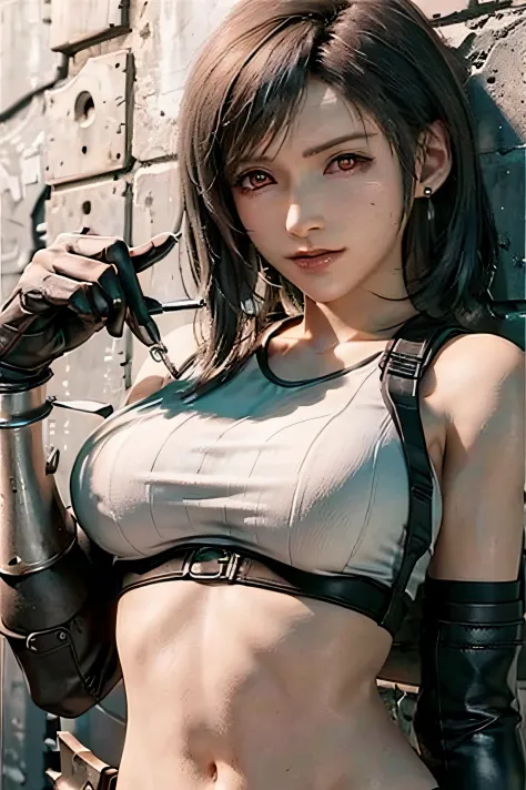 (​masterpiece), (top-quality), 8K分辨率, ultra-detailliert, ultra-detailliert, realisitic, a picture, photorealisim, (1girl), tifa, Final Fantasy VII, Tifa Lockhart, concrete wall,metal pipes,Details red eyes,Detailed double eyelids,Short Hair Dark Brown Colo...