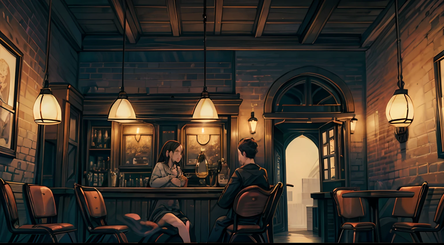 there is a bar with a lot of tables and chairs, cozy cafe background, coffee shop, cafe, cafe interior, pleasant cozy atmosphere, cozy atmosphere, illustrated starbucks interior, detailed an empty jazz cafe, dimly-lit cozy tavern, dimly lit cozy tavern, a multidimensional cozy tavern, cafe lighting, anime background art, cosy atmosphere