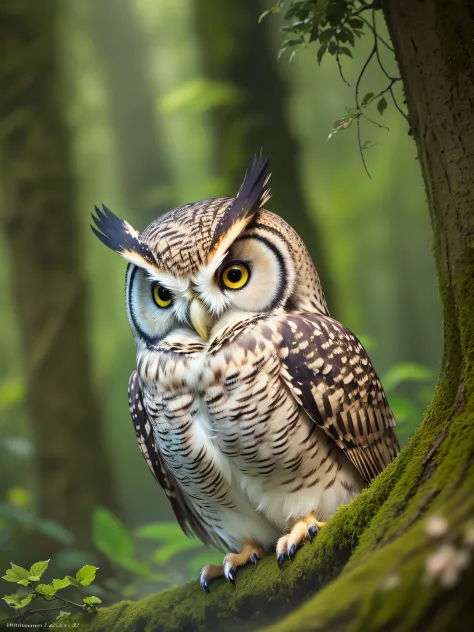 Close up photo of an owl in the enchanted forest、natta、fireflys、Volumetric fog、Halation、bloom、Dramatic atmosphere、central、thirds rule、200mm 1.4F Macro Shot
