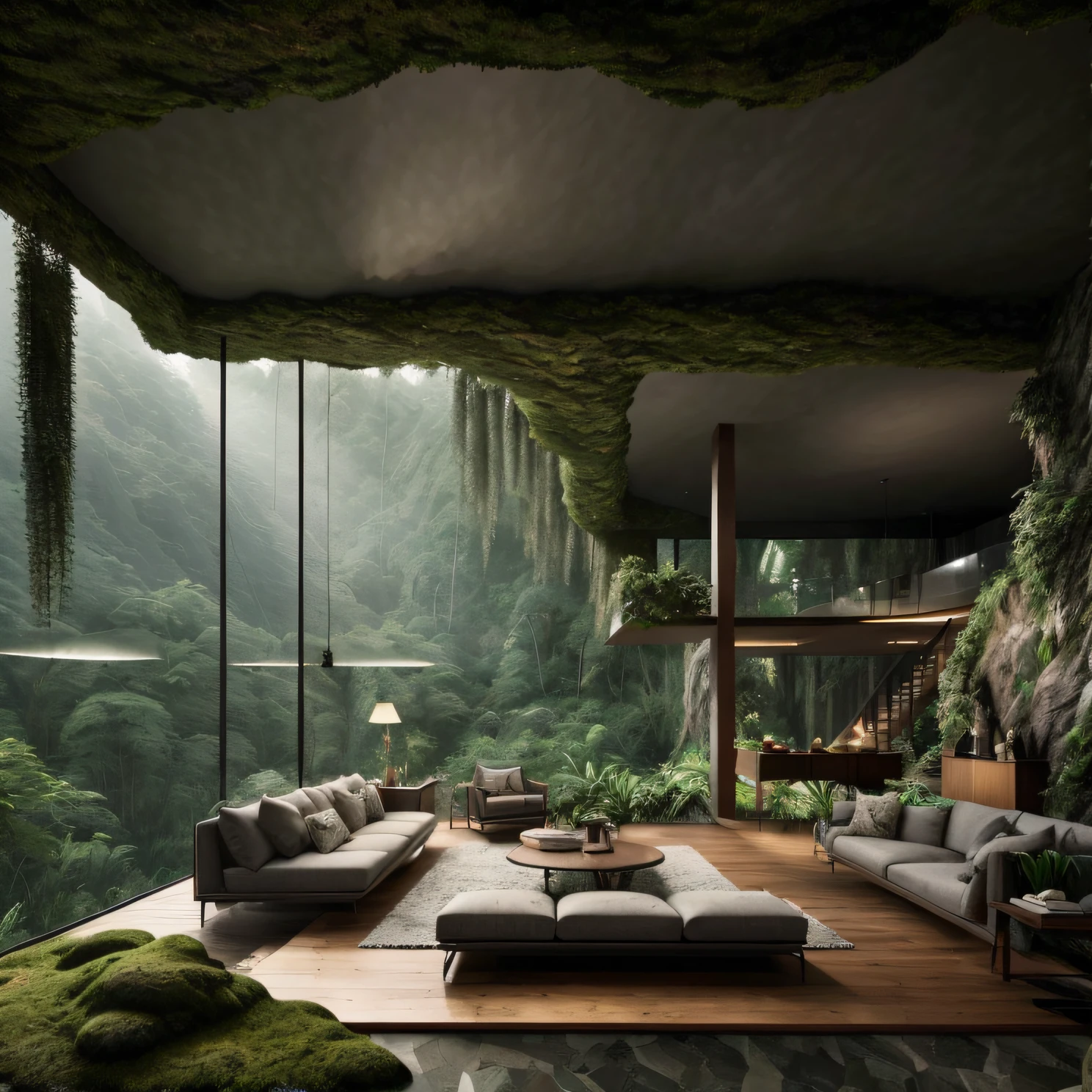 客厅里有一张大沙发和一张带灯的桌子, mountainous 丛林环境, 放松的环境, 美丽的风景渲染, 出色的 3D 渲染, 自然与建筑相遇, 逼真的幻想渲染, 神奇的氛围, 丛林环境, 森林里的房子, 融入山中, 现实建筑, 建在湖边的森林里, 渲染