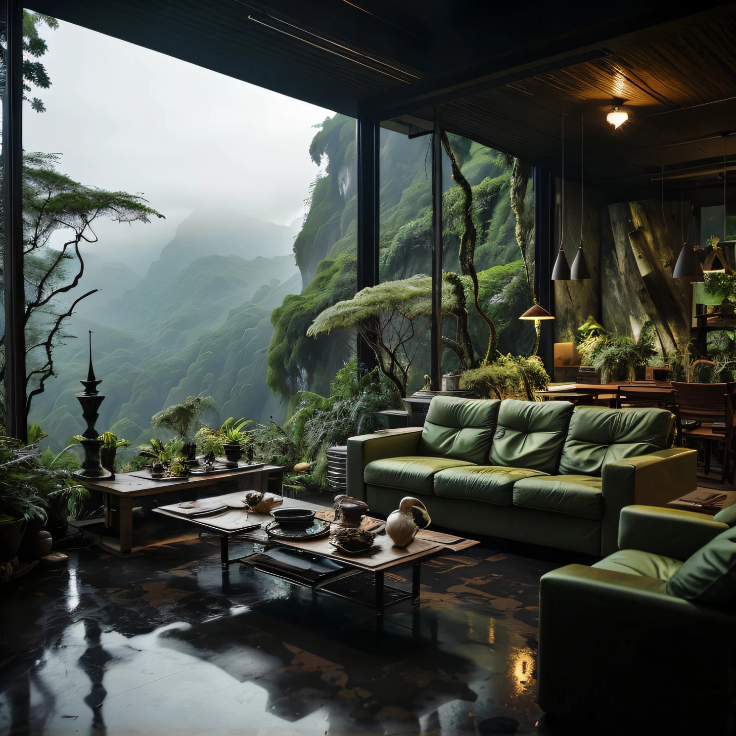 Living room with a view of a mountain and a forest, mountainous jungle setting, jungle setting, Like a scene from Blade Runner, magical atmosphere, ultrarealistic matte painting, in a jungle environment, beautiful ambience, cloud forest, beautiful jungle, moody environment, lush jungle, Inside an alien jungle, plants and jungle, rainforest mountains, relaxing environment