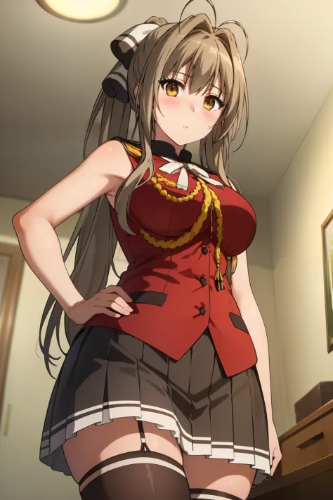 best quality, (masterpiece:1.2), highly detailed, indoors, 1girl, solo, sento isuzu, blush, looking at the viewer, brown hair, long hair, antenna hair, ponytail, brown eyes, ribbon, aiguillette, sleeveless, pleated skirt, black skirt, from below, tighhighs