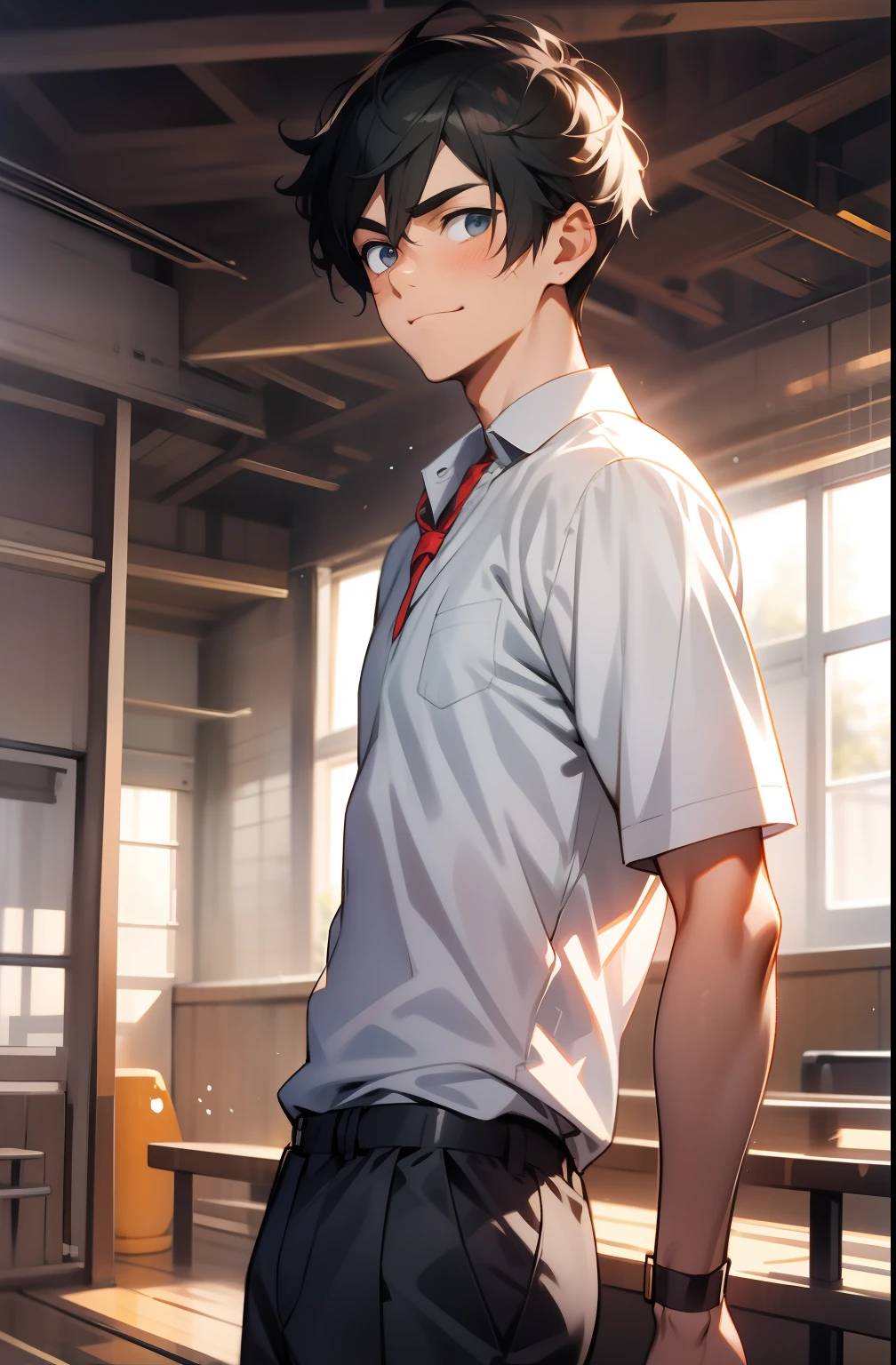 Anime boy in a school uniform standing in a classroom - SeaArt AI