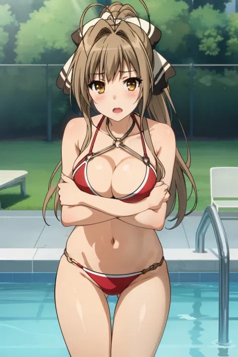 best quality, highly detailed, pool, day, sun rays,
1girl, solo, sento isuzu, open mouth, blush, looking at the viewer, breast hold, thigh gap,
brown hair, long hair, antenna hair, ponytail, brown eyes, red bikini, o-ring bikini, o-ring top, o-ring bottom