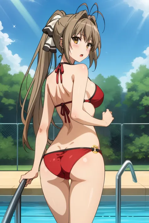 best quality, highly detailed, pool, day, sun rays,
1girl, solo, sento isuzu, open mouth, blush, looking at the viewer, thigh gap,
brown hair, long hair, antenna hair, ponytail, brown eyes, red bikini, o-ring bikini, o-ring top, o-ring bottom, from behind