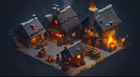 A close-up of a town burning with flames, a multidimensional cozy tavern, 3 d render stylized, andreas rocha style, Stylized concept art, Stylized game art, stylized 3d render, inspired by Andreas Rocha, isometric 2 d game art, isometric game art, isometri...