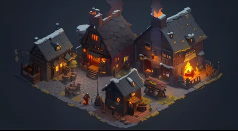 A close-up of a town burning with flames, a multidimensional cozy tavern, 3 d render stylized, andreas rocha style, Stylized concept art, Stylized game art, stylized 3d render, inspired by Andreas Rocha, isometric 2 d game art, isometric game art, isometri...