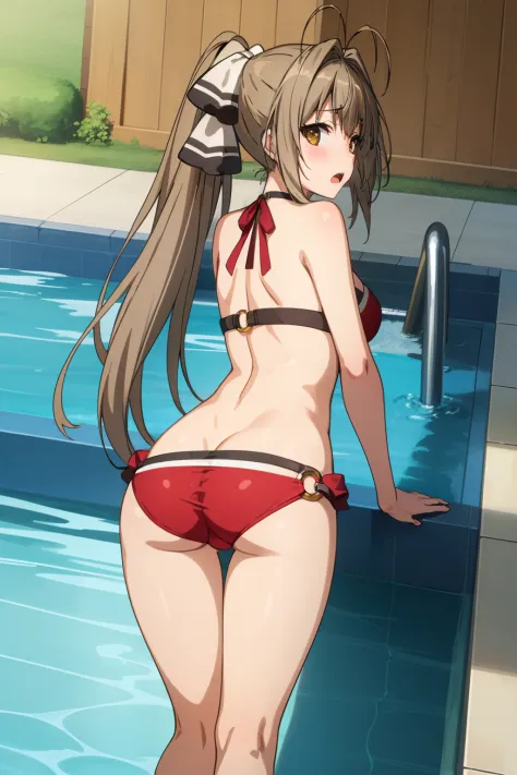 best quality, highly detailed, pool, day, sun rays,
1girl, solo, sento isuzu, open mouth, blush, looking at the viewer, thigh gap,
brown hair, long hair, antenna hair, ponytail, brown eyes, red bikini, o-ring bikini, o-ring top, o-ring bottom, from behind,...