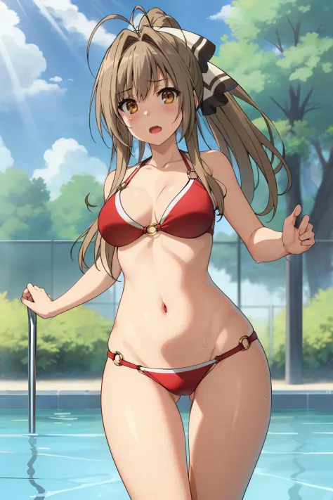 best quality, highly detailed, pool, day, sun rays,
1girl, solo, sento isuzu, open mouth, blush, looking at the viewer, thigh gap,
brown hair, long hair, antenna hair, ponytail, brown eyes, red bikini, o-ring bikini, o-ring top, o-ring bottom, from below, ...