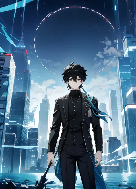 on the vibrant skyline of a modern fantasy city by day, an 18-year-old boy stands out with black hair that falls in contrast to ...