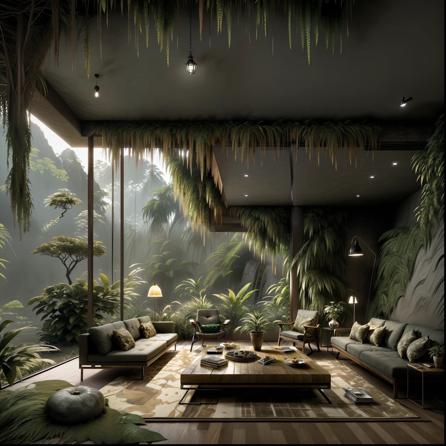 客廳配有一張大沙發和一張帶燈的桌子, mountainous 叢林環境, 放鬆的環境, 美麗的風景渲染, 出色的 3D 渲染, 自然與建築相遇, 逼真的幻想渲染, 神奇的氛围, 叢林環境, 森林裡的房子, 融入山中, 現實建築, 建在湖邊的森林裡, 封裝渲染