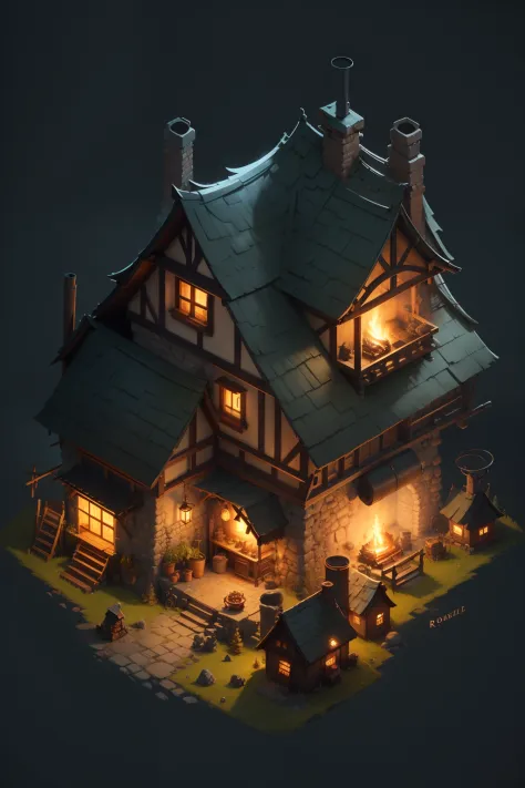 A close-up of a small house with a chimney and a fire, Stylized game art, a multidimensional cozy tavern, Stylized concept art, 3 d render stylized, stylized 3d render, Detailed game art, painted as a game concept art, andreas rocha style, game assets, rpg...