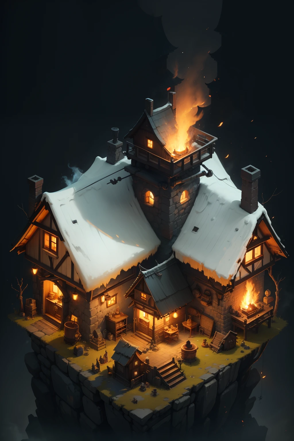 A close-up of a small house with a chimney and a fire, Stylized game art, a multidimensional cozy tavern, Stylized concept art, 3 d render stylized, stylized 3d render, Detailed game art, painted as a game concept art, andreas rocha style, game assets, rpg game environment asset, medieval village, isometric 2 d game art