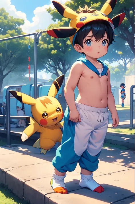 chubby Little boy with blue hair and shiny orange eyes and yellow socks wearing a pikachu costume sitting on a bench in a park, ...