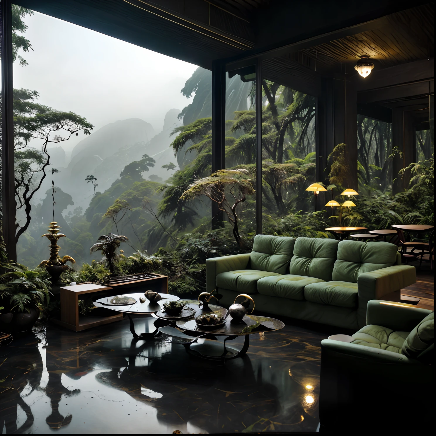 Sala de estar com vista para uma montanha e uma floresta, mountainous jungle setting, jungle setting, Como uma cena de Blade Runner, magical atmosphere, pintura fosca ultrarrealista, em um ambiente de selva, Ambiente bonito, floresta nublada, Selva bonita, ambiente mal-humorado, Inside an alien jungle, selva exuberante, Plantas e selva, ambiente relaxante, montanhas da floresta tropical