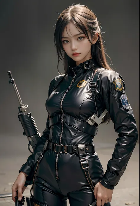 Highest image quality, outstanding details, ultra-high resolution, (realism: 1.4), the best illustration, favor details, highly condensed 1girl, with a delicate and beautiful face, ((cowboy shot)), (wearing black nylon racing suit likes police uniform, bla...