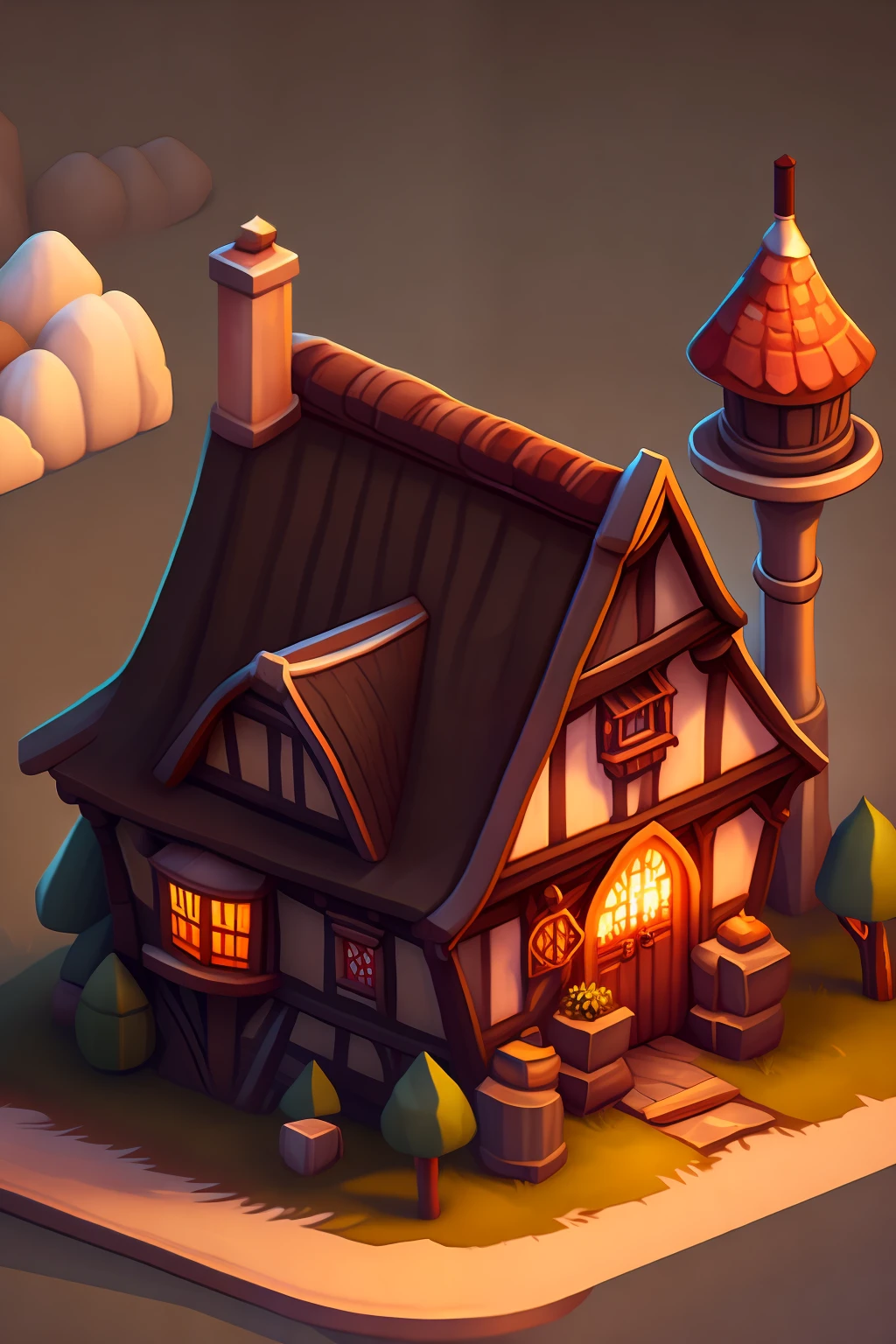 tmasterpiece，optimum，Impeccable，A close-up of a small house with a chimney and a fire, Stylized game art, a multidimensional cozy tavern, Stylized concept art, 3 d render stylized, stylized 3d render, Detailed game art, painted as a game concept art, andreas rocha style, game assets, rpg game environment asset, medieval village, isometric 2 d game art