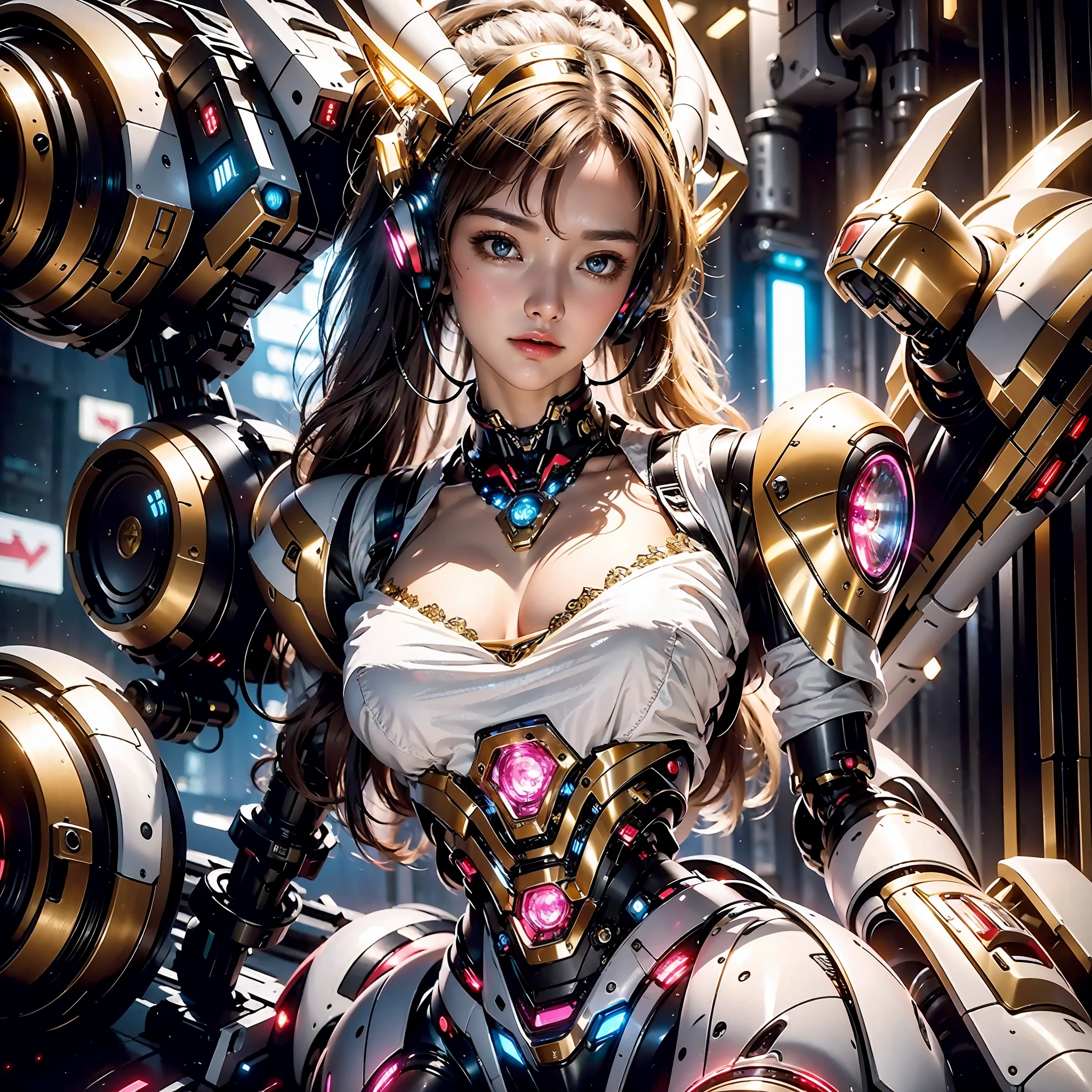 （（tmasterpiece，best qualtiy）），illustration，Ultra-detailed 8K，Clear focus，A highly detailed，Professional lighting，Colorful detailed，A girl and a mech，Beautuful Women，The girl wears a tight mech，Full body mecha，with headphones on，shelmet，choker necklace，eardrop，There is a large mech in the back，cranny，with light glowing，with light glowing，Complicated details，（（1girl stands in front of the audience）），closeup cleavage，The upper part of the body