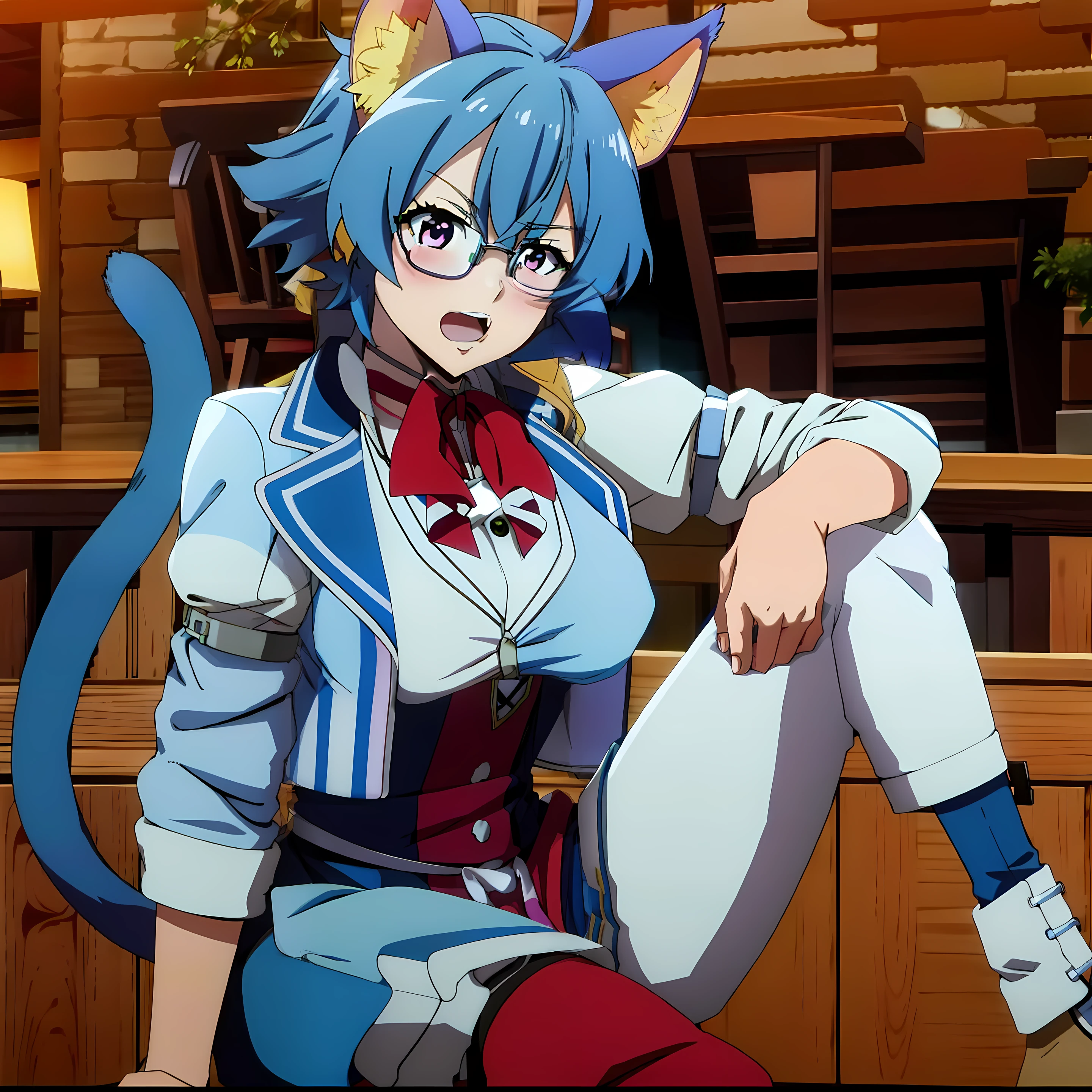 anime girl with cat ears sitting on a bench in a room, anime catgirl, neferpitou, nyaruko-san, attractive cat girl, cute anime catgirl, beautiful anime catgirl, anime visual of a cute cat, anime cat girl in a maid costume, akane owari danganronpa, anime girl with cat ears, glasses, blue hair,