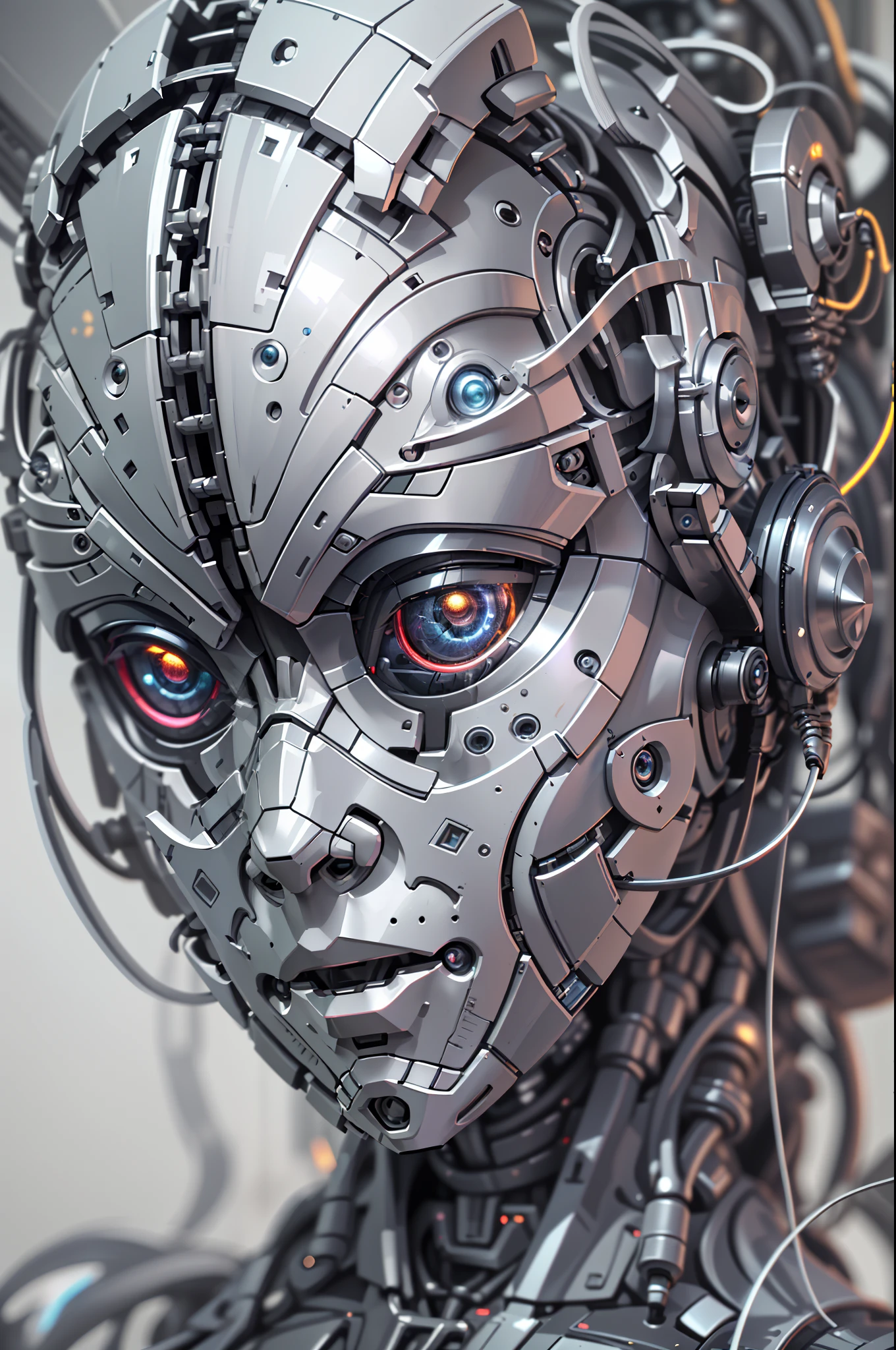 Rendu 3D complexe d&#39;une belle silhouette en céramique très détaillée du visage d&#39;un robot féminin, robot, partie du robot, 150 millimètres, beau studio lumière douce, lumière de jante, détails vibrants, cyberpunk luxueux, dentelle, surréaliste, anatomie, muscles du visage, fils de câbles, puce électronique, élégant, beau fond, rendu d&#39;octane, Style RH Giger, 8k, meilleure qualité, chef-d&#39;œuvre, illustration, très délicat et beau, Très détaillé, cg, Unité, Fond d&#39;écran , (fidélité, fidélité: 1.37), incroyable, détail fin, chef-d&#39;œuvre, meilleure qualité, art officiel, extremely detailed cg Unité 8k Fond d&#39;écran, Absurde, unbelievably Absurde, robot, casque d&#39;argent, Tout le corps, assis écrire