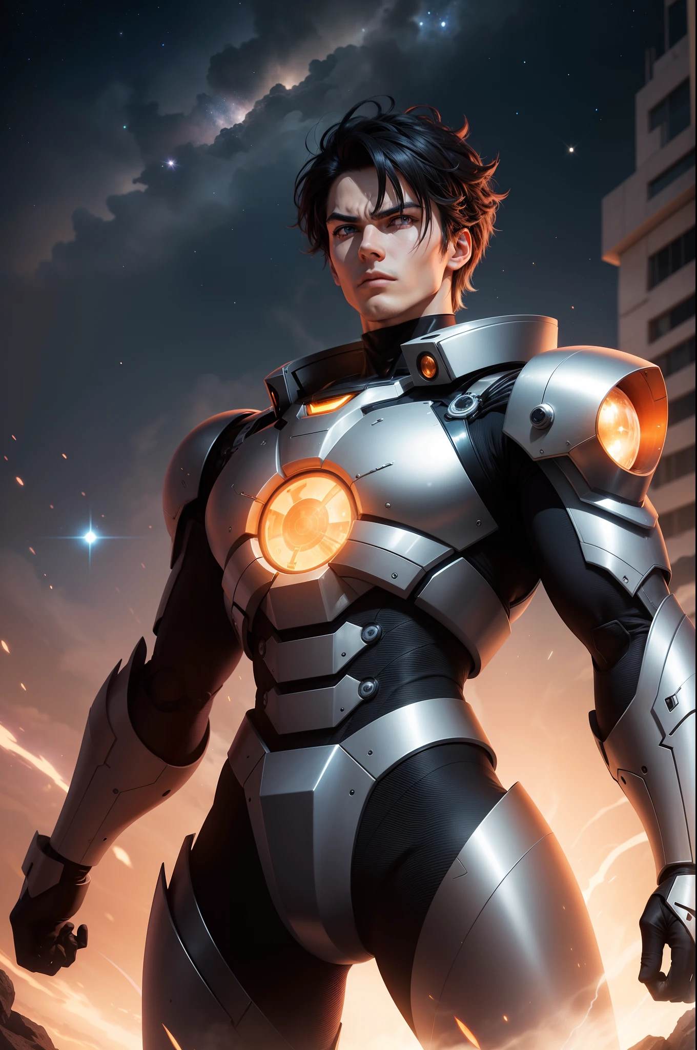 --Personagem: Jaspion
Jaspion is a fearless intergalactic hero known for his shining silver armor and his courageous attitude. His determined gaze reflects his dedication to protecting the galaxy from evil threats. His black hair and serious expression show his unwavering determination to fight for good.

--Daileon Robot
In the background, the imposing Daileon Robot rises as a giant guardian. Its metallic structure is marked by aerodynamic lines and complex technological details. Os olhos luminosos do Daileon emitem um brilho intenso, indicating his strength and power. His steady hands hold advanced weapons, ready to defend justice alongside Jaspion.

--Space Scenario
The scene unfolds in the midst of vast outer space, com estrelas cintilantes e nebulosas coloridas pontilhando o fundo escuro. Jaspion and Daileon are positioned on a metal platform, Prepared to embark on an epic new mission to confront the evil that threatens galactic peace.

--Adventure Atmosphere
The image captures the essence of the intergalactic adventure, conveying a sense of heroism and determination. The combination of the heroic figure of Jaspion with the formidable Robot Daileon creates an impactful scene that evokes action, Emotion and the promise of epic battles in the cosmos.