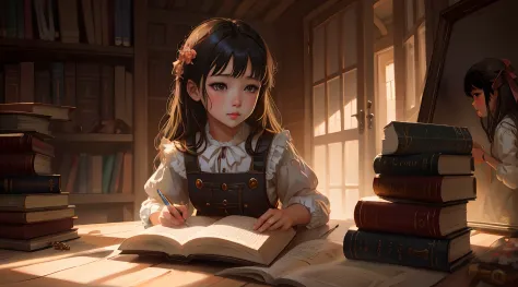 there's a girl who's reading a book in the room, painting digital adorable, arte infantil em artstation, pintura realista da men...