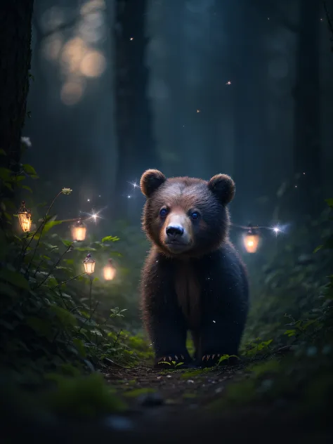Close up photo of baby bear in enchanting forest、deep in the night、in woods、Back lighting、fireflys、Volumetric fog、The halo、bloom、Dramatic atmosphere、central、thirds rule、200mm 1.4F Macro Shot