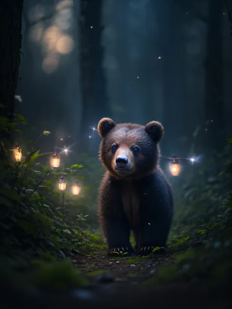 close up photo of baby bear in enchanting forest、deep in the night、in woods、back lighting、fireflys、volumetric fog、the halo、bloom...