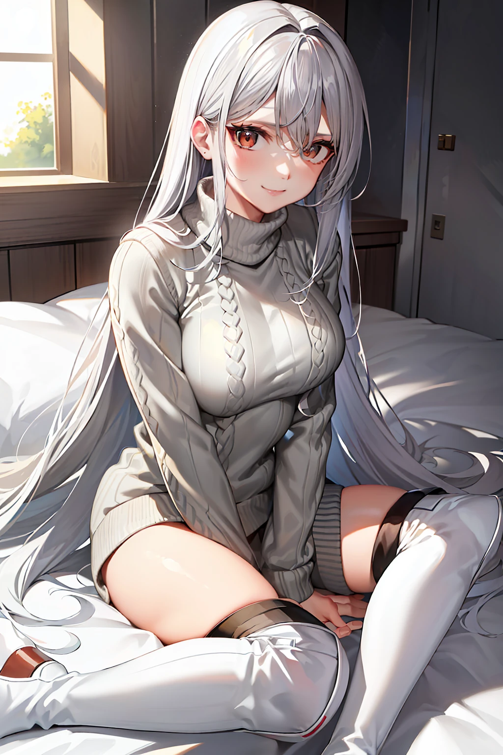 (tmasterpiece，high high quality，light grey sweater，stare，thigh boots，whaite hair，ssmile，onbed，Absolute realm，low head，Leg details，Foot details，detail in face，Cross ed leg，Cross ed leg)