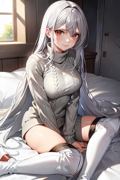 (tmasterpiece，high high quality，light grey sweater，stare，thigh boots，whaite hair，ssmile，onbed，Absolute realm，low head，Leg detail...