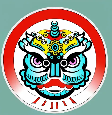 A close-up of a color picture of the face,, ancient china art style, Oriental face, 中 国 鬼 节, stickers illustrations, ornate mask, asura from chinese myth, symmetrical sticker design, third lion head, Vector stickers，Colorful logo,white backgrounid，Simple p...