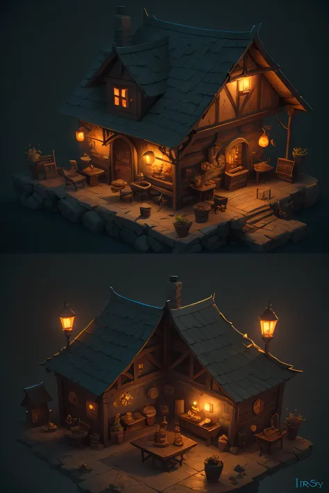 Close-up of a small building， Multi-dimensional comfortable building, Stylized game art, 3 d render stylized, Medieval Tavern, Stylized concept art, polycount contest winner, stylized 3d render, dimly-lit cozy tavern, isometric 2 d game art, isometric game...