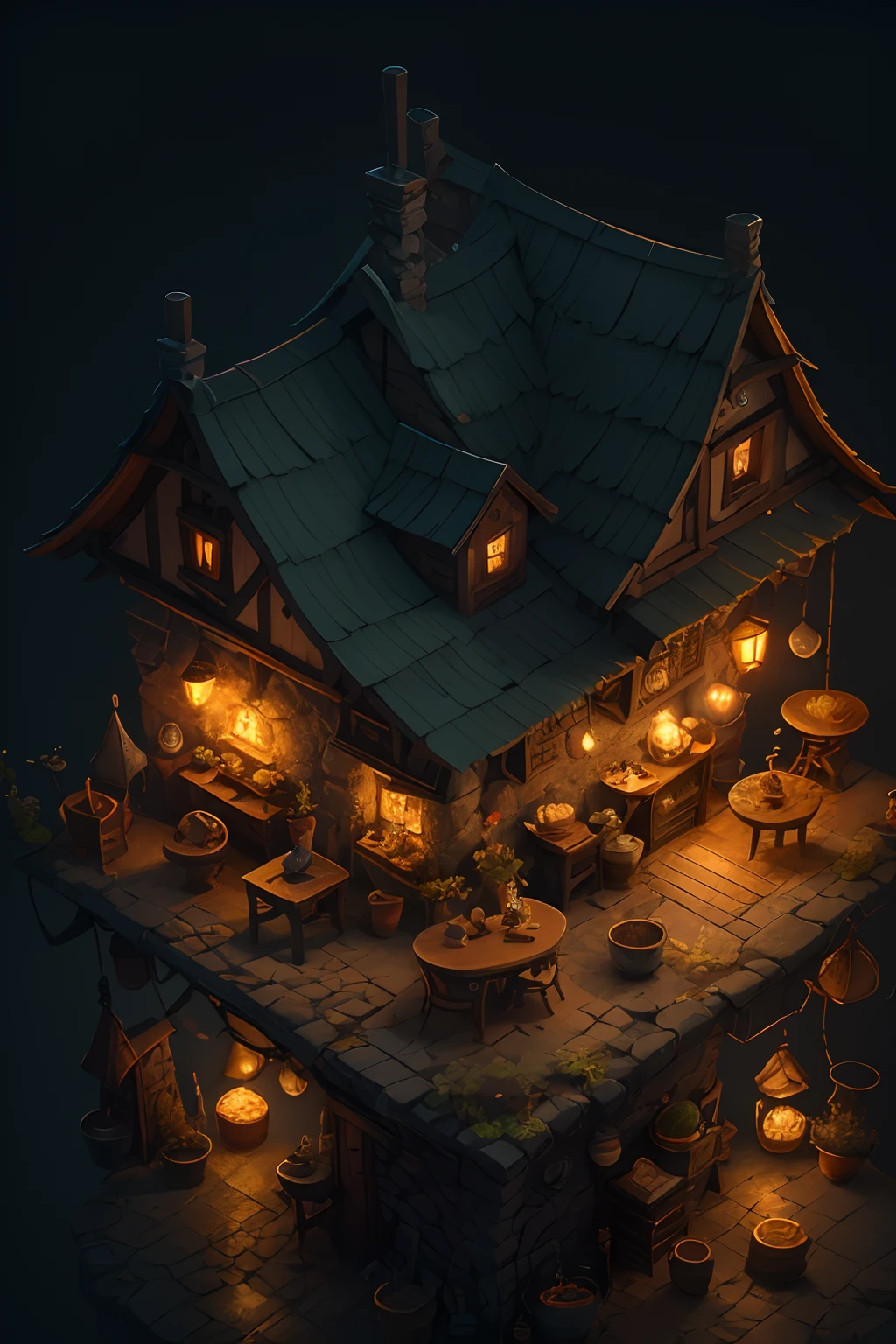 Close-up of a small building， Multi-dimensional comfortable building, Stylized game art, 3 d render stylized, Medieval Tavern, Stylized concept art, polycount contest winner, stylized 3d render, dimly-lit cozy tavern, isometric 2 d game art, isometric game art, Detailed game art
