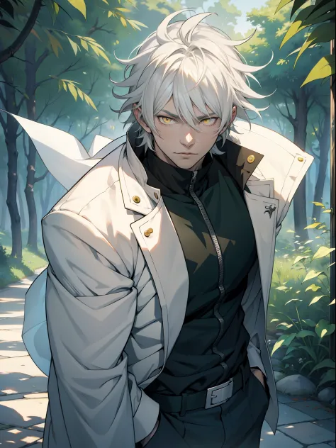 Anime character with white hair and yellow eyes standing in front of a green tree, hajime yatate, White-haired god, nagito komaeda, koyoharu gotouge, Anime portrait of a handsome man, Tall anime man with yellow eyes, Anime handsome man, a silver haired mad...
