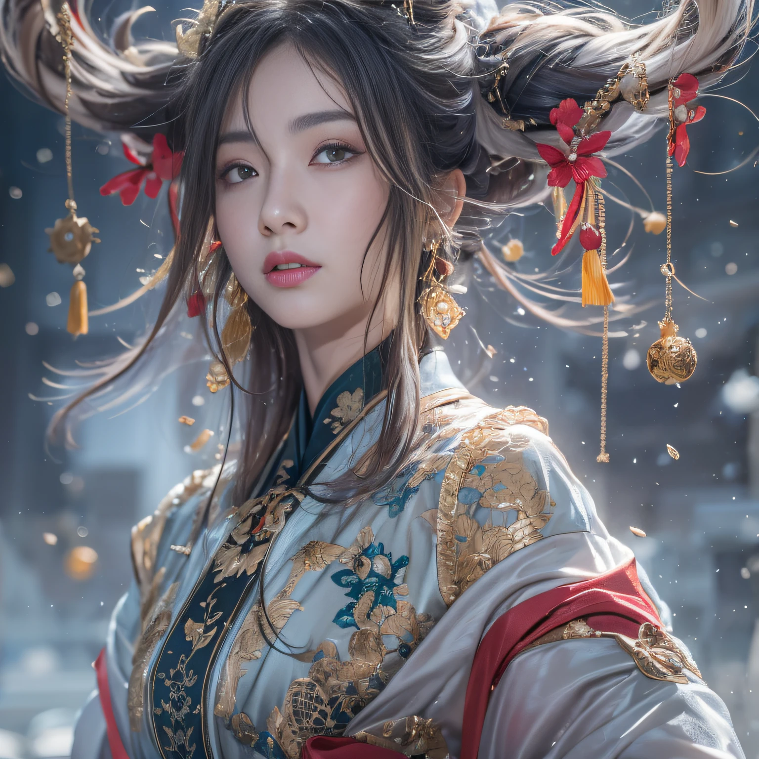 32K（tmasterpiece，k hd，hyper HD，16k）Flowing short hair，Backroom pool，zydink， a color，  Asian people （Female Student）， （Silk scarf）， Combat posture， looking at viewert， long whitr hair， Floating hair， Hanfu， Chinese clothes， longer sleeves， （abstract ink splash：1.2）， white backgrounid，Kirin Beast Protector （realisticlying：1.4），，Snowflakes fluttering，The background is pure， A high resolution， the detail， RAW photogr， Sharp Re， Nikon D850 Film Stock Photo by Jefferies Lee 4 Kodak Portra 400 Camera F1.6 shots, Rich colors, ultra-realistic vivid textures, Dramatic lighting, Unreal Engine Art Station Trend, cinestir 800，