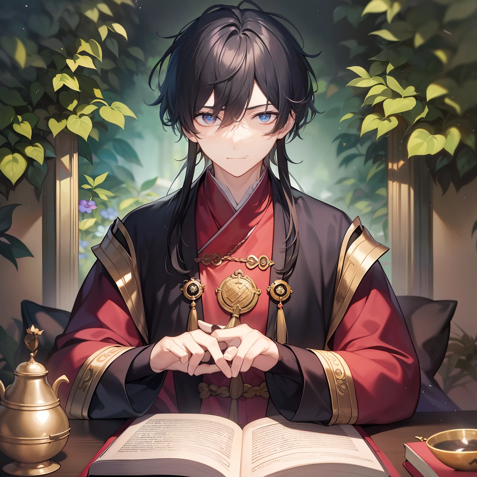 A black-haired Taoist priest in a red robe was sitting on a futon with a stone table with an ancient scripture book on it. He stared intently at the scriptures, seemingly undistracted and immersed in the path of practice he had learned. His face revealed a mysterious and quiet aura, and he was obviously a true master of profound cultivation.

His eyes are deep and clear, as if they can penetrate the depths of people's hearts. His black hair was scattered over his shoulders and swayed gently with his breathing, seemingly at one with nature. His silence made the room seem to be filled with a mysterious aura, making people dare not disturb him easily.

Although the hands of this Taoist priest were not placed in front of him, they were full of stable power. He slowly turned the pages of the scripture and nodded slightly, as if praising his discovery. There was a mysterious aura around him, as if to tell the world that he had transcended the ordinary realm and integrated into the universe. His calmness and understanding were the supreme realm that no other cultivator could match.