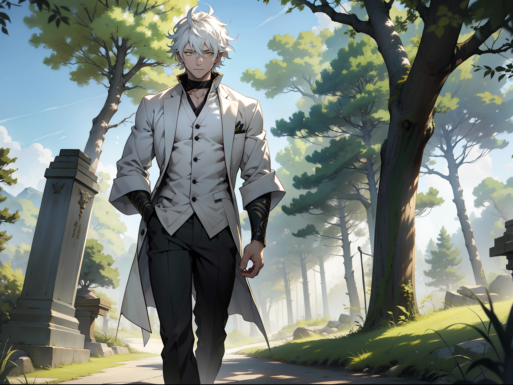 Anime character with white hair and yellow eyes standing in front of a ...