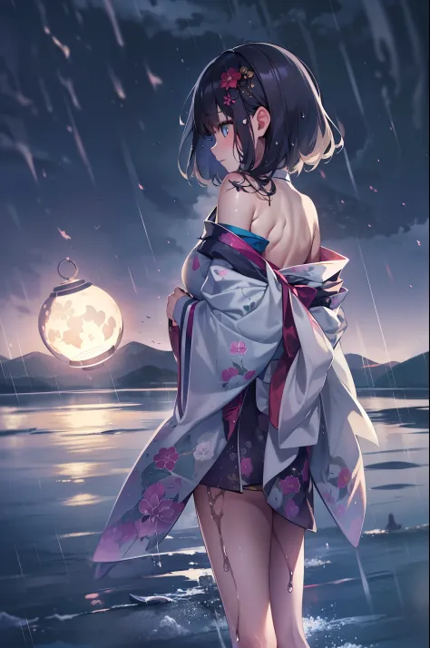 1girl, breasts, moon, lantern, night, solo, large breasts, hair ornament, wet, kimono, japanese clothes, wading, water, hair flo...
