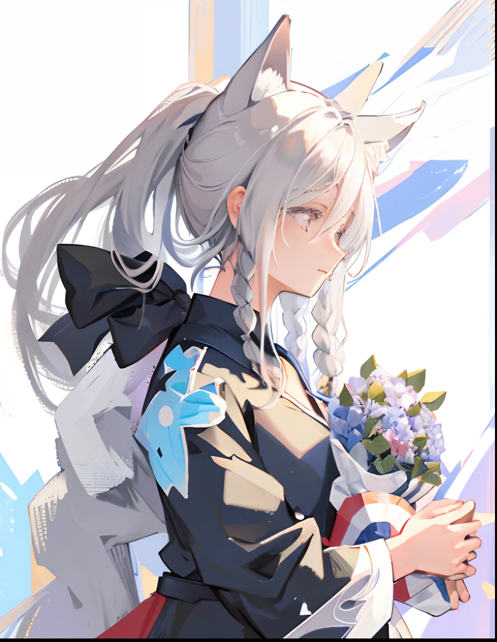 Chica anime with long white hair and black jacket holding flowers, cabello plateado (colas de caballo), zorro de pelo blanco, de arknights, hermosa chica gata anime, perfil de chica anime, chica anime con orejas de gato, con el dedo índice, personaje de anime femenino, figura animada, linda chica gata anime, (Chica anime), una chica anime, Estilo de la colección Kantai