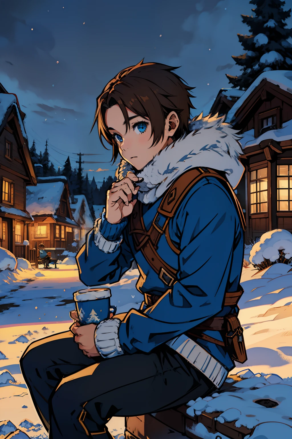 anime, final fantasy tactics style, young boy, brown fur, in the snow, cold clothes, blue sweater, black pants, in a snow village , blue snow, sitting on the ground, drinking coffee, 4k