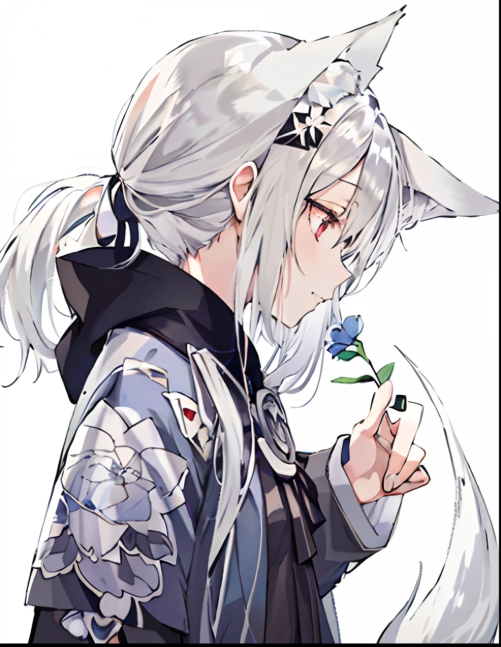 Chica anime with long white hair and black jacket holding flowers, cabello plateado (colas de caballo), zorro de pelo blanco, de arknights, hermosa chica gata anime, perfil de chica anime, chica anime con orejas de gato, Sostén la flor con el dedo índice, personaje de anime femenino, figura animada, linda chica gata anime, (Chica anime), una chica anime, holo es una chica lobo